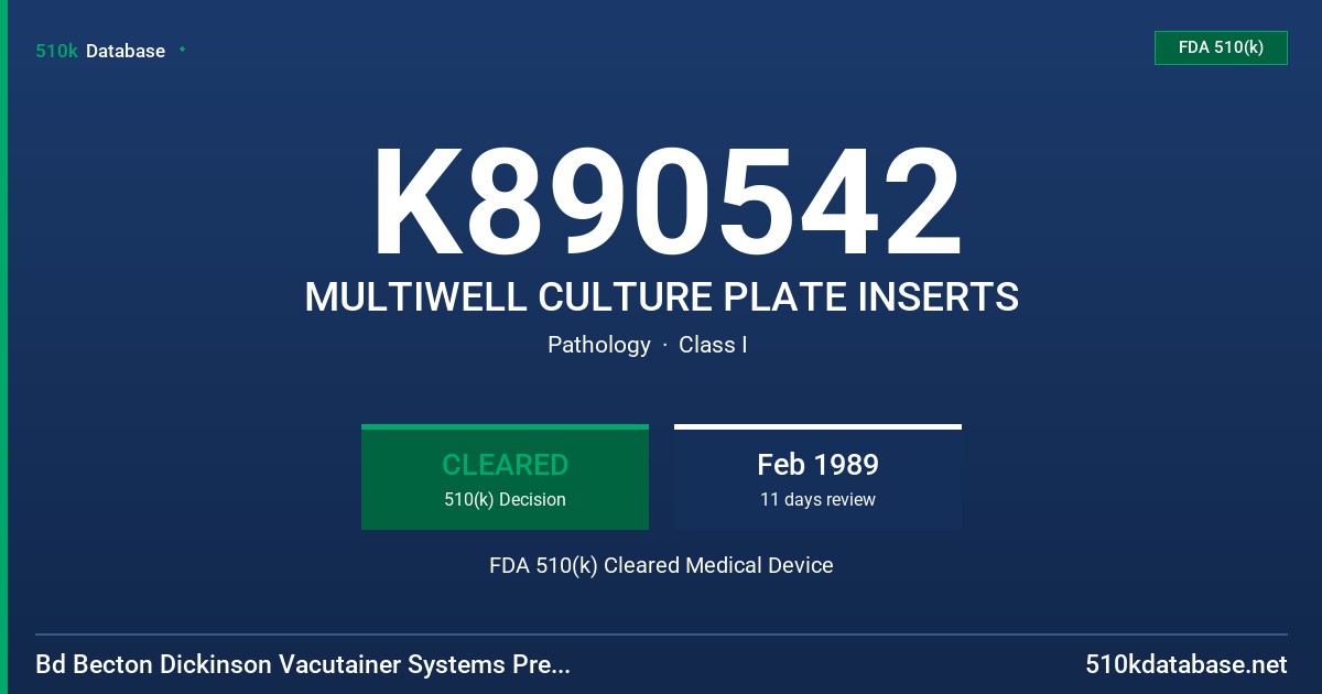 K890542 MULTIWELL CULTURE PLATE INSERTS FDA 510(k) Cleared Medical Device