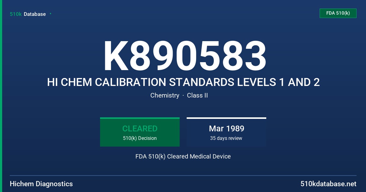 K890583 HI CHEM CALIBRATION STANDARDS LEVELS 1 AND 2 FDA 510(k) Cleared Medical Device
