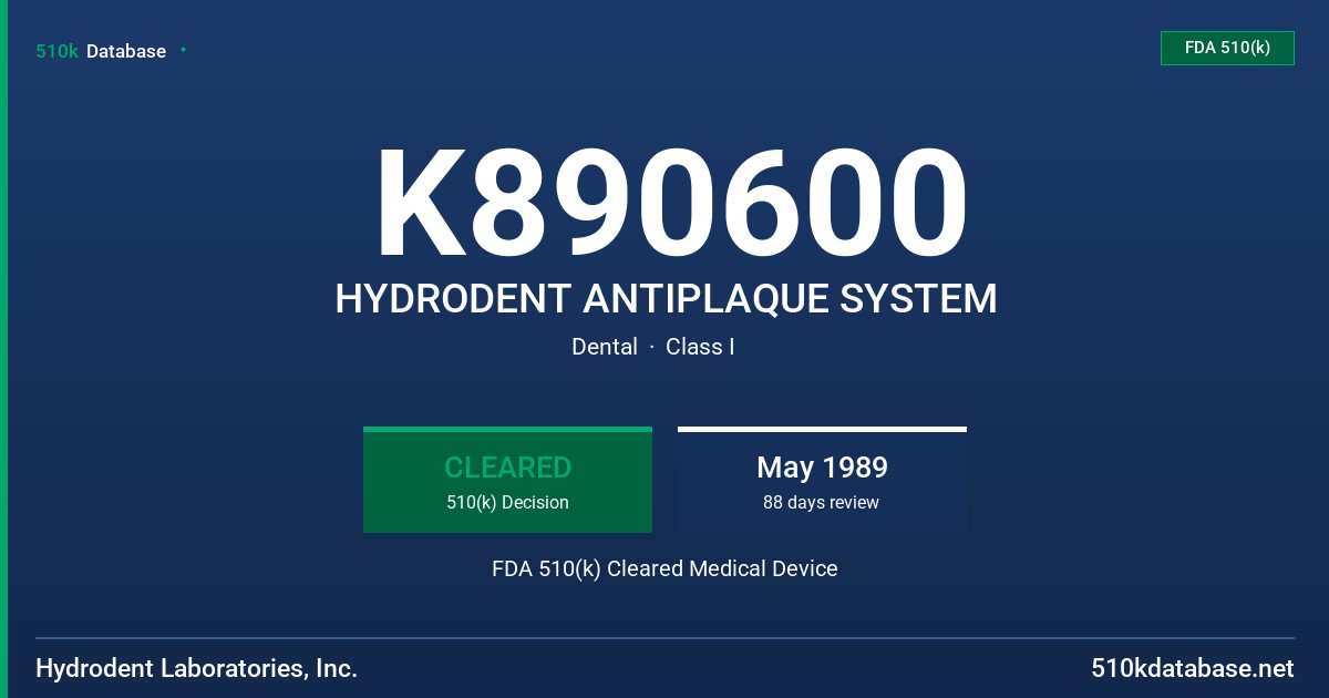 K890600 HYDRODENT ANTIPLAQUE SYSTEM FDA 510(k) Cleared Medical Device