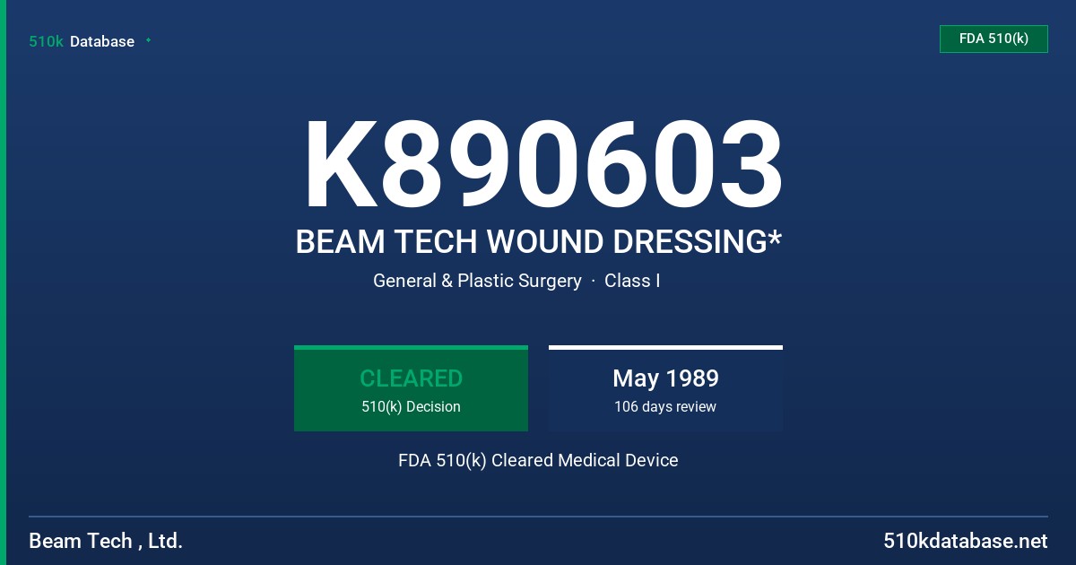 K890603 BEAM TECH WOUND DRESSING* FDA 510(k) Cleared Medical Device