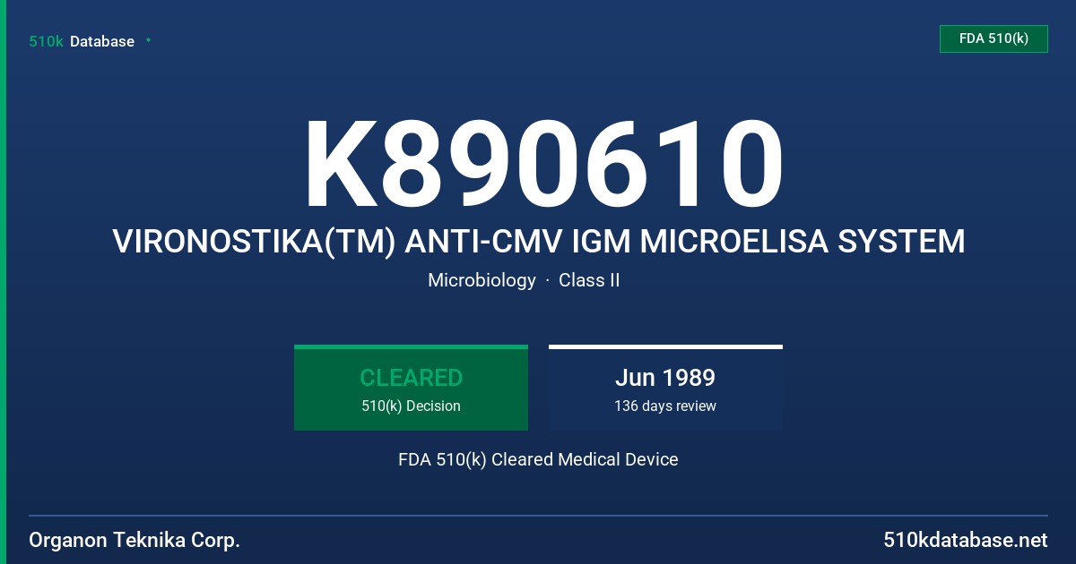 K890610 VIRONOSTIKA(TM) ANTI-CMV IGM MICROELISA SYSTEM FDA 510(k) Cleared Medical Device