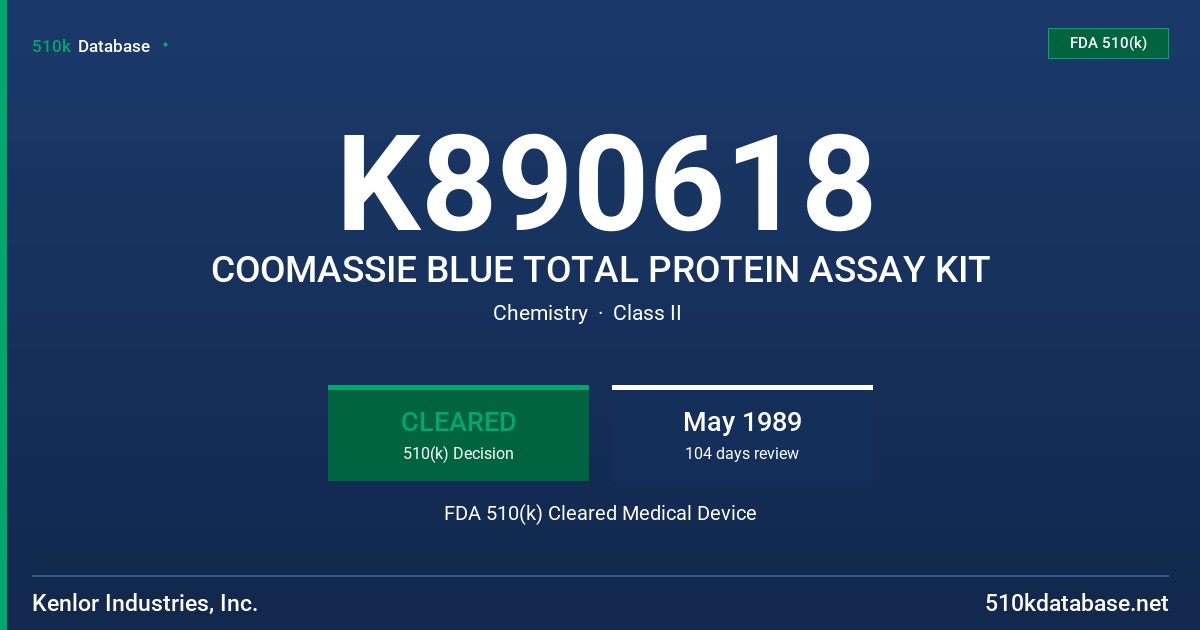 K890618 COOMASSIE BLUE TOTAL PROTEIN ASSAY KIT FDA 510(k) Cleared Medical Device