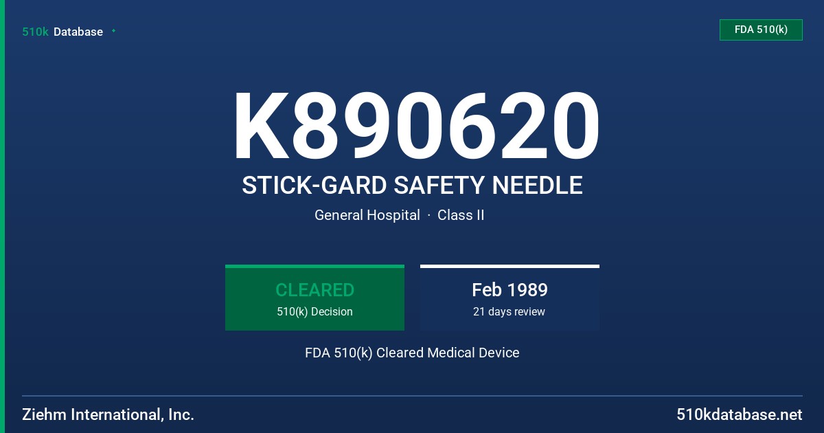 K890620 STICK-GARD SAFETY NEEDLE FDA 510(k) Cleared Medical Device