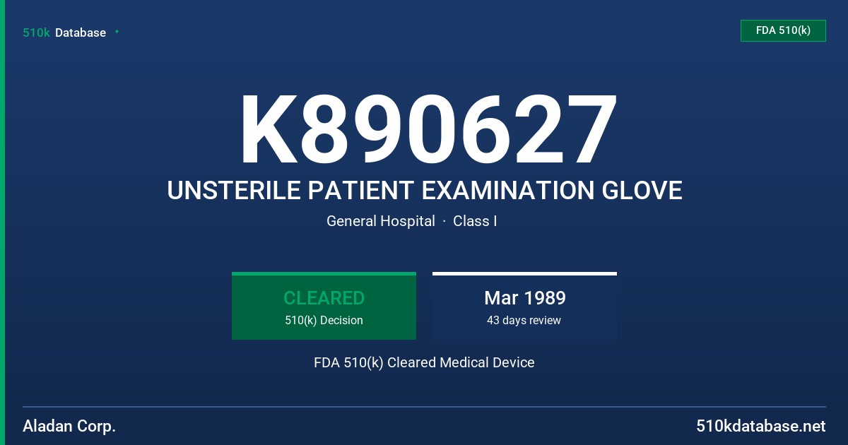 K890627 UNSTERILE PATIENT EXAMINATION GLOVE FDA 510(k) Cleared Medical Device