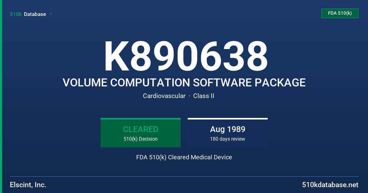 K890638 VOLUME COMPUTATION SOFTWARE PACKAGE FDA 510(k) Cleared Medical Device