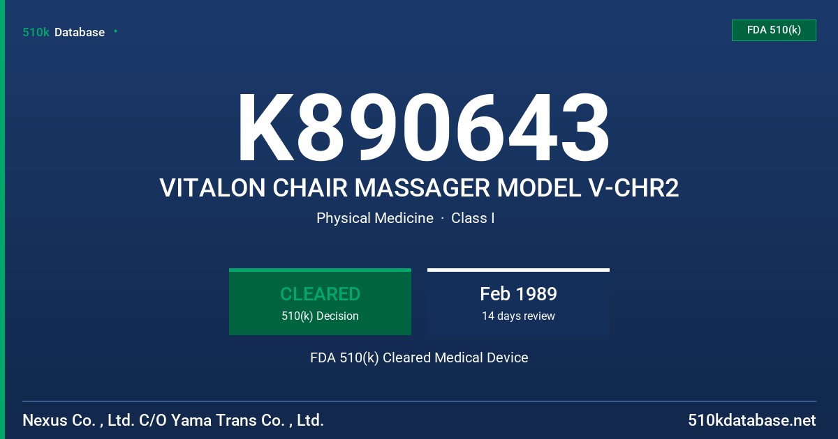 K890643 VITALON CHAIR MASSAGER MODEL V-CHR2 FDA 510(k) Cleared Medical Device