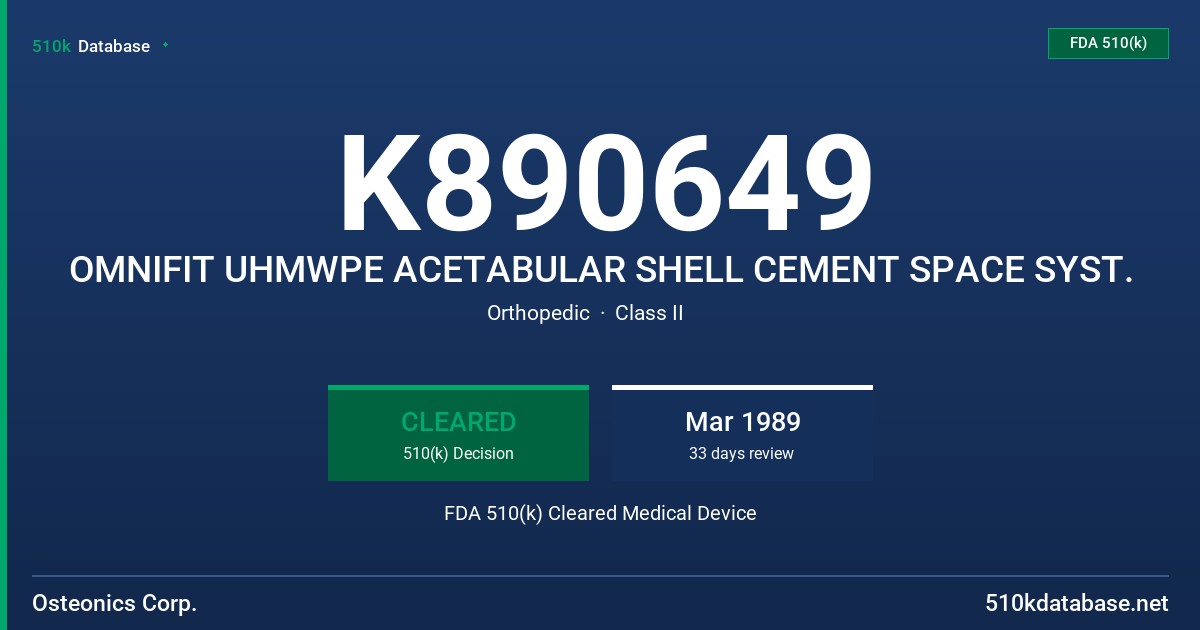 K890649 OMNIFIT UHMWPE ACETABULAR SHELL CEMENT SPACE SYST. FDA 510(k) Cleared Medical Device