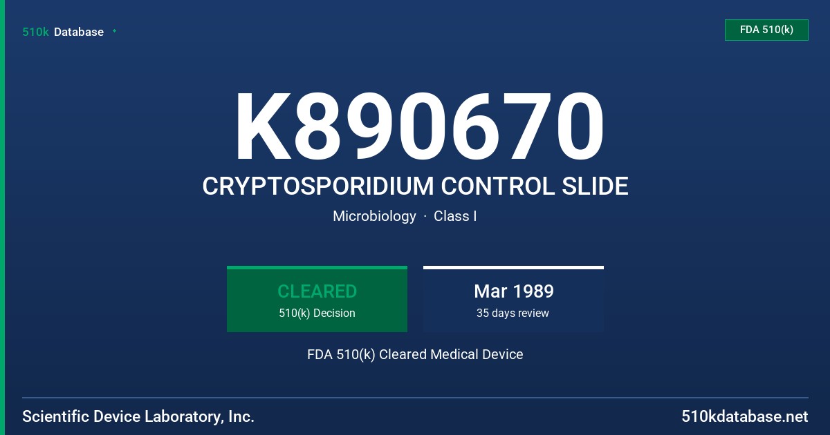 K890670 CRYPTOSPORIDIUM CONTROL SLIDE FDA 510(k) Cleared Medical Device