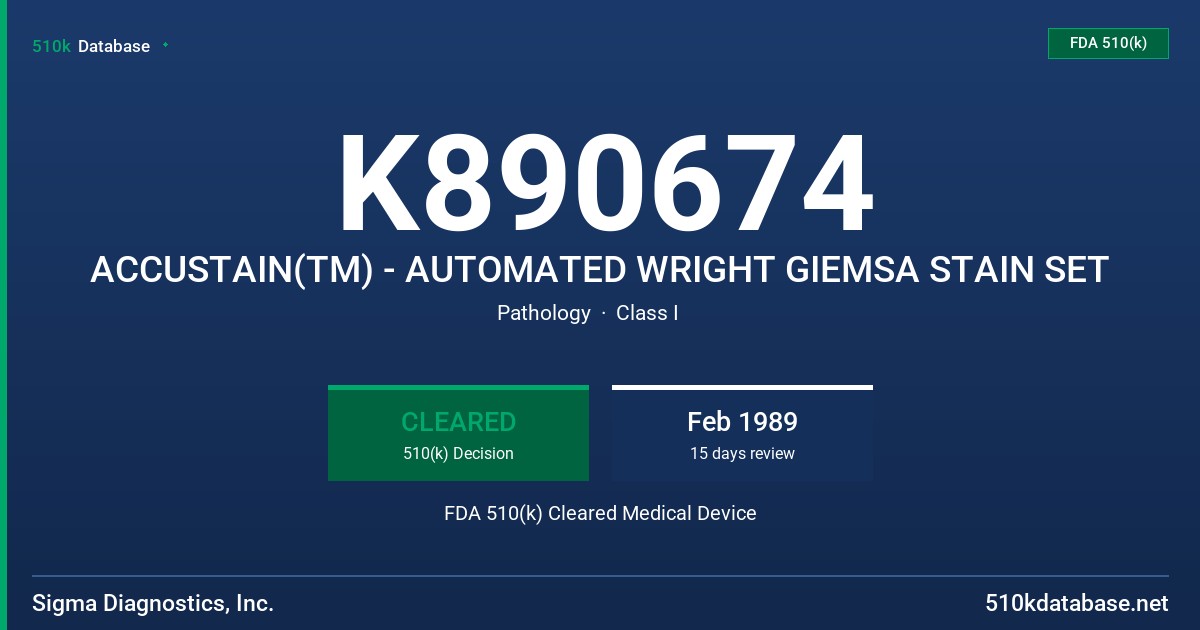 K890674 ACCUSTAIN(TM) - AUTOMATED WRIGHT GIEMSA STAIN SET FDA 510(k) Cleared Medical Device