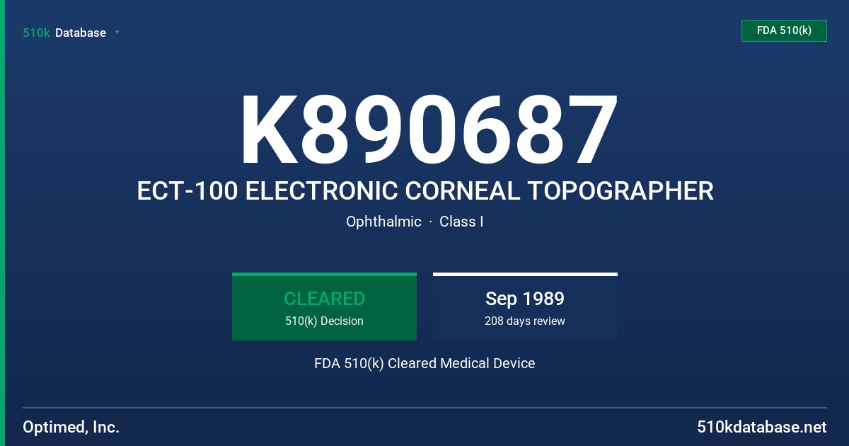 K890687 ECT-100 ELECTRONIC CORNEAL TOPOGRAPHER FDA 510(k) Cleared Medical Device