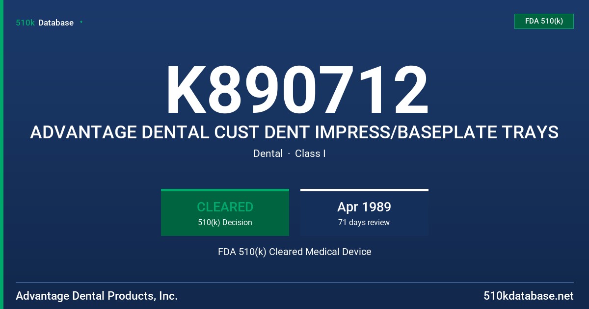 K890712 ADVANTAGE DENTAL CUST DENT IMPRESS/BASEPLATE TRAYS FDA 510(k) Cleared Medical Device