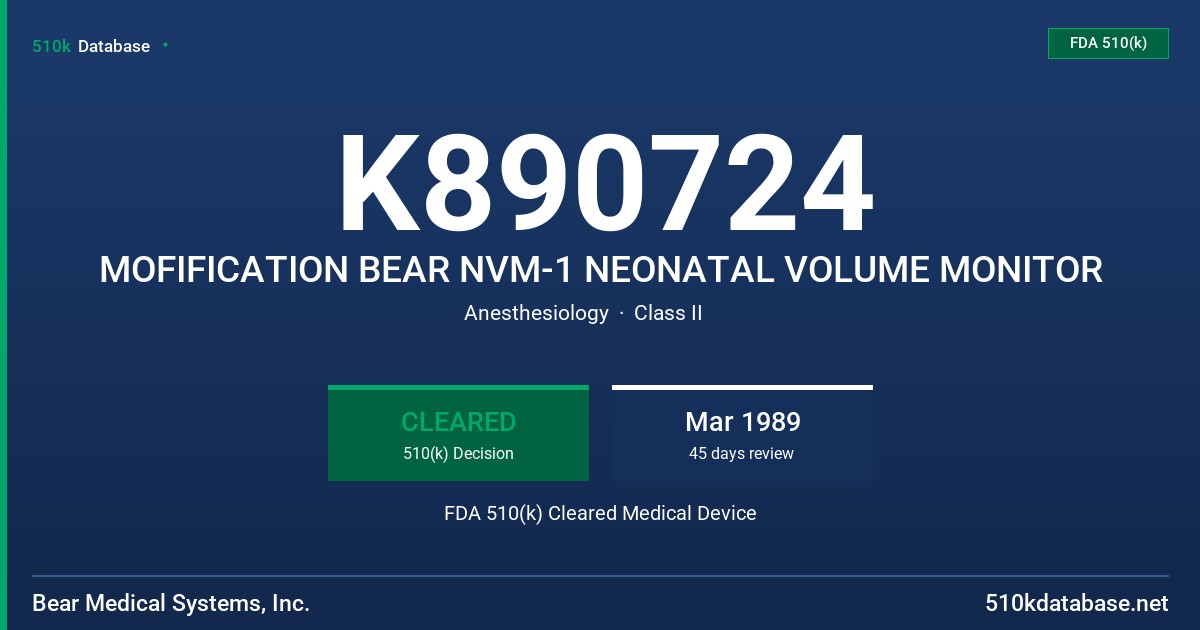 K890724 MOFIFICATION BEAR NVM-1 NEONATAL VOLUME MONITOR FDA 510(k) Cleared Medical Device