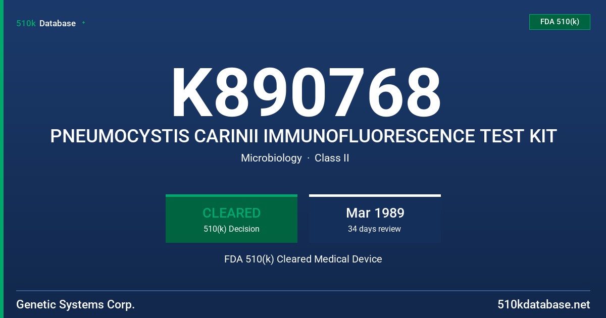 K890768 PNEUMOCYSTIS CARINII IMMUNOFLUORESCENCE TEST KIT FDA 510(k) Cleared Medical Device