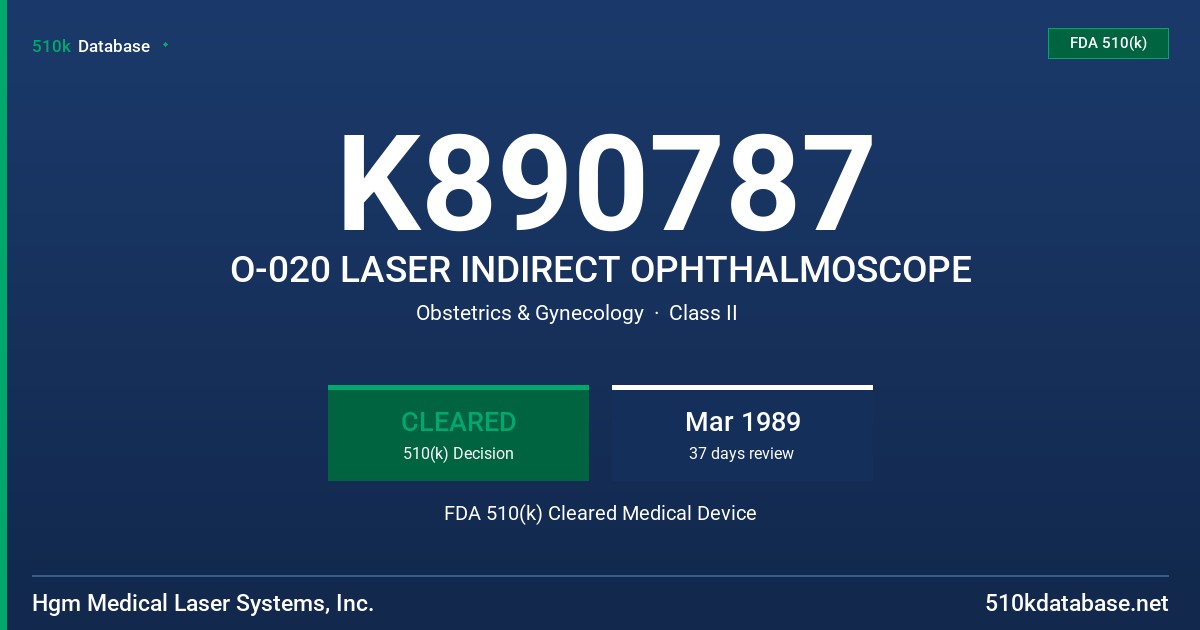 K890787 O-020 LASER INDIRECT OPHTHALMOSCOPE FDA 510(k) Cleared Medical Device