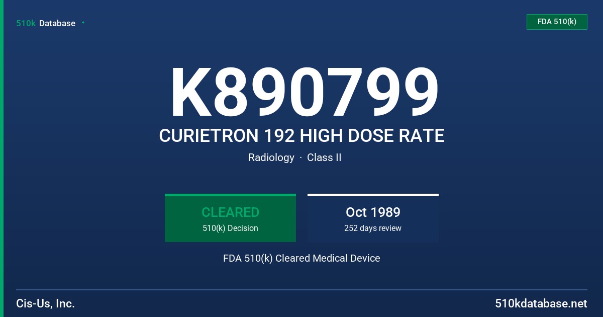K890799 CURIETRON 192 HIGH DOSE RATE FDA 510(k) Cleared Medical Device