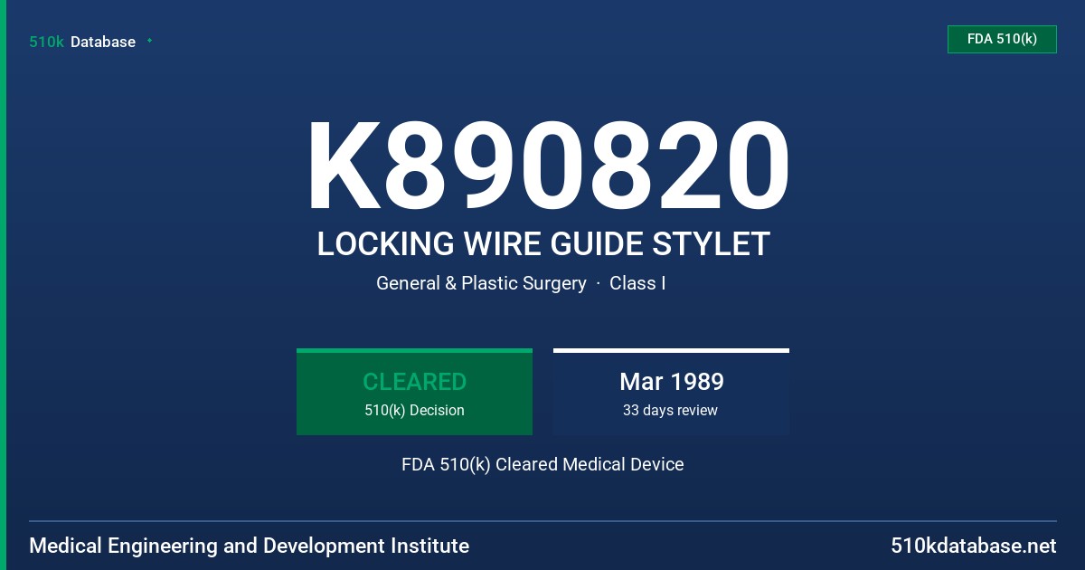 K890820 LOCKING WIRE GUIDE STYLET FDA 510(k) Cleared Medical Device