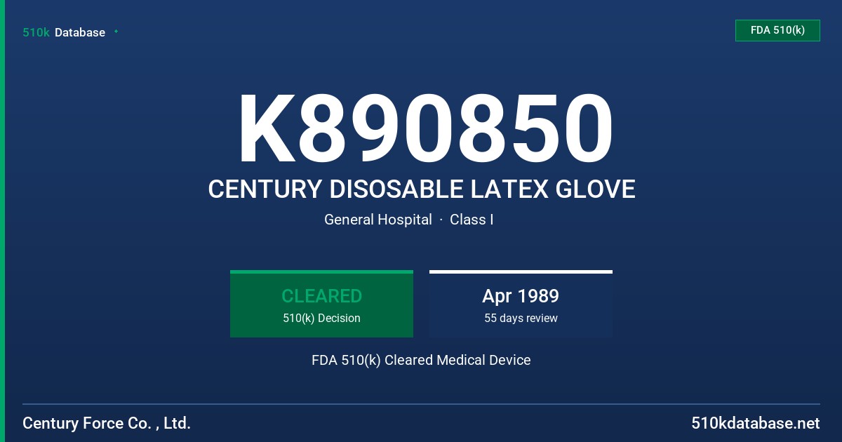 K890850 CENTURY DISOSABLE LATEX GLOVE FDA 510(k) Cleared Medical Device