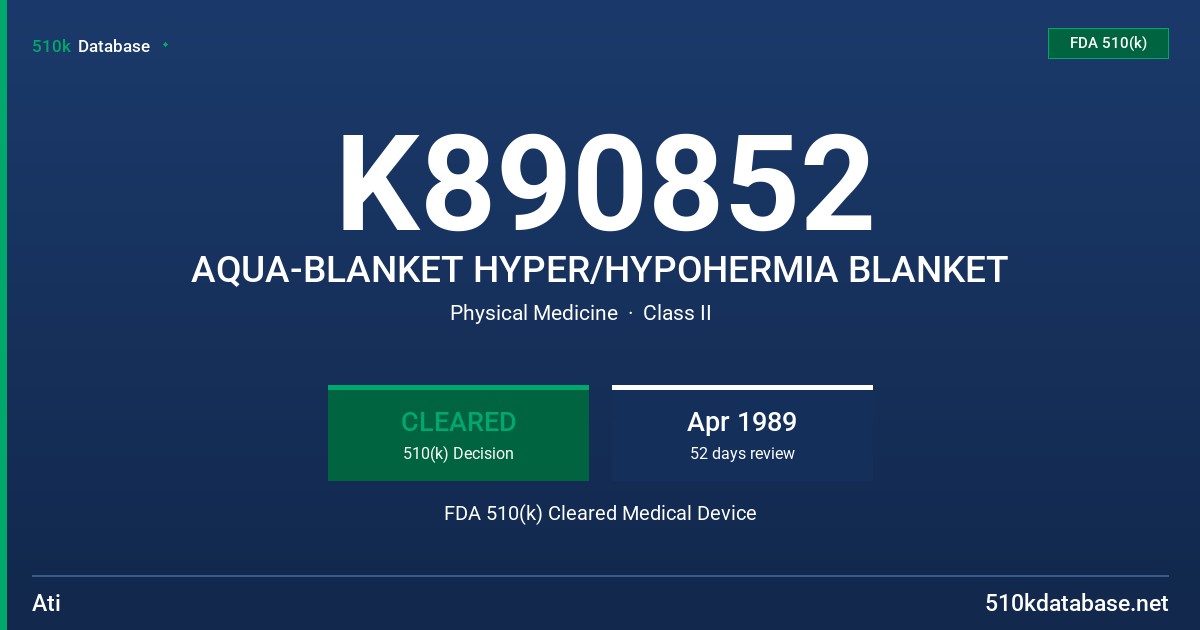 K890852 AQUA-BLANKET HYPER/HYPOHERMIA BLANKET FDA 510(k) Cleared Medical Device