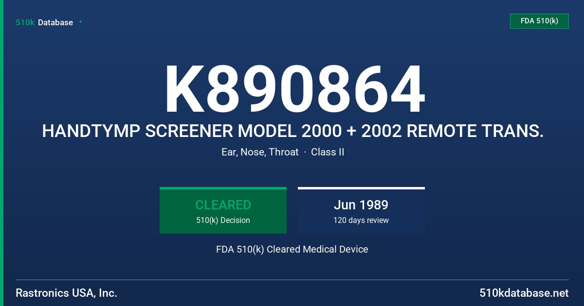 K890864 HANDTYMP SCREENER MODEL 2000 + 2002 REMOTE TRANS. FDA 510(k) Cleared Medical Device