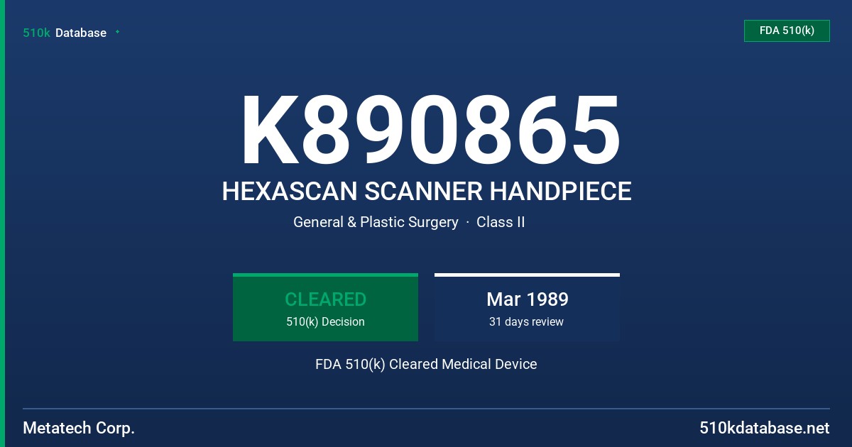 K890865 HEXASCAN SCANNER HANDPIECE FDA 510(k) Cleared Medical Device