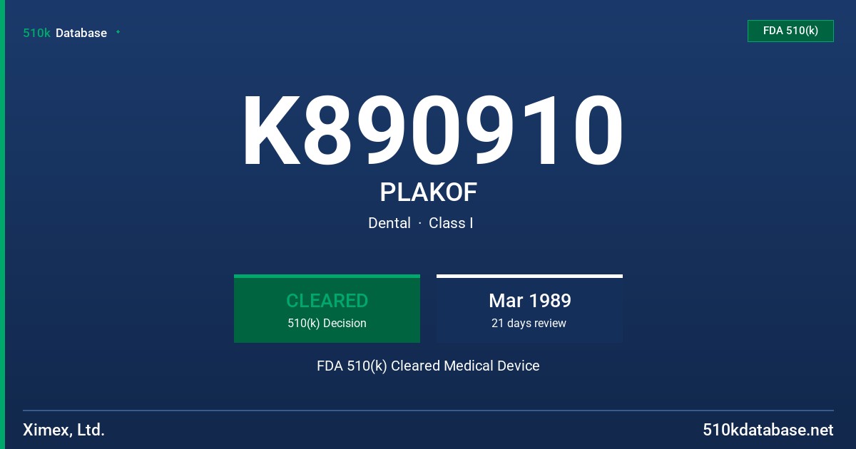 K890910 PLAKOF FDA 510(k) Cleared Medical Device