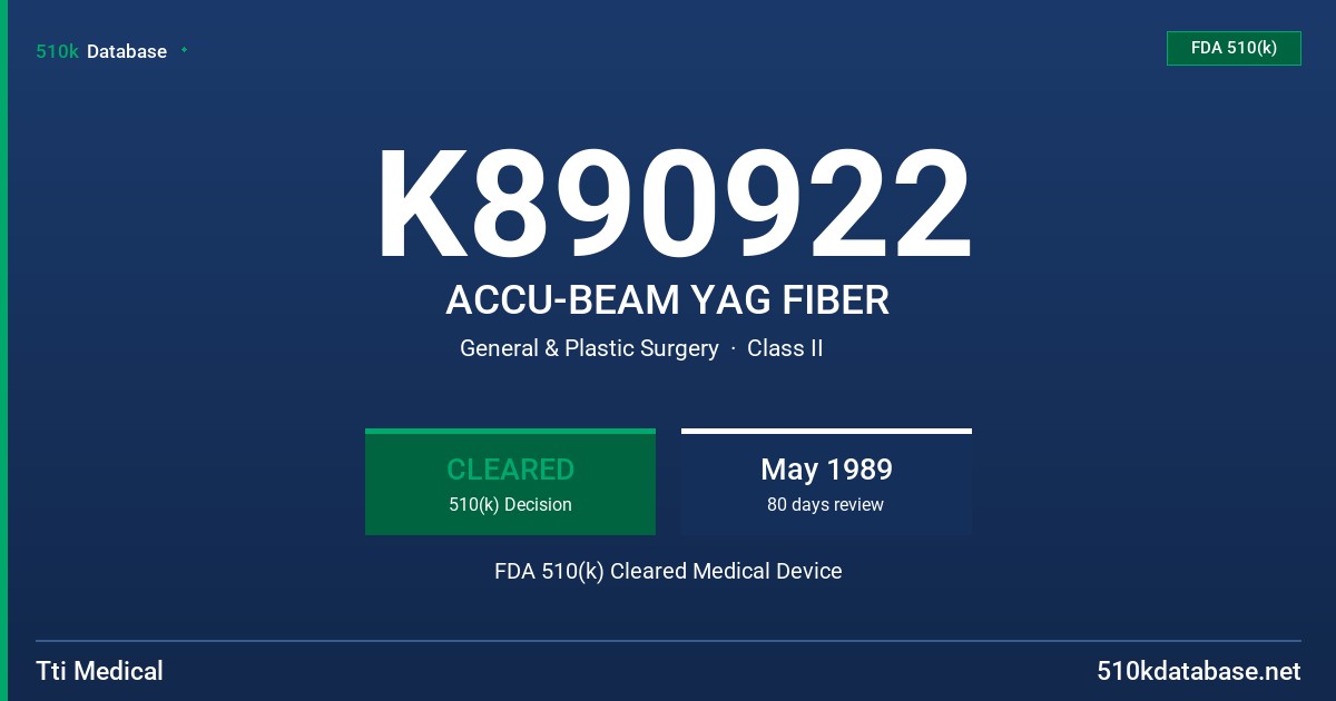 K890922 ACCU-BEAM YAG FIBER FDA 510(k) Cleared Medical Device