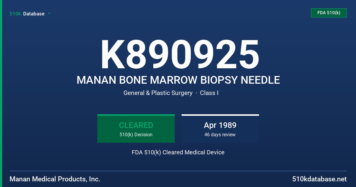 K890925 MANAN BONE MARROW BIOPSY NEEDLE FDA 510(k) Cleared Medical Device