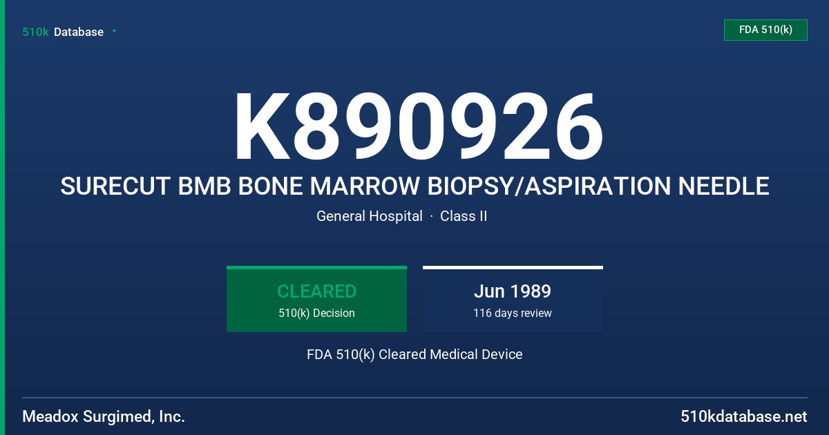 K890926 SURECUT BMB BONE MARROW BIOPSY/ASPIRATION NEEDLE FDA 510(k) Cleared Medical Device