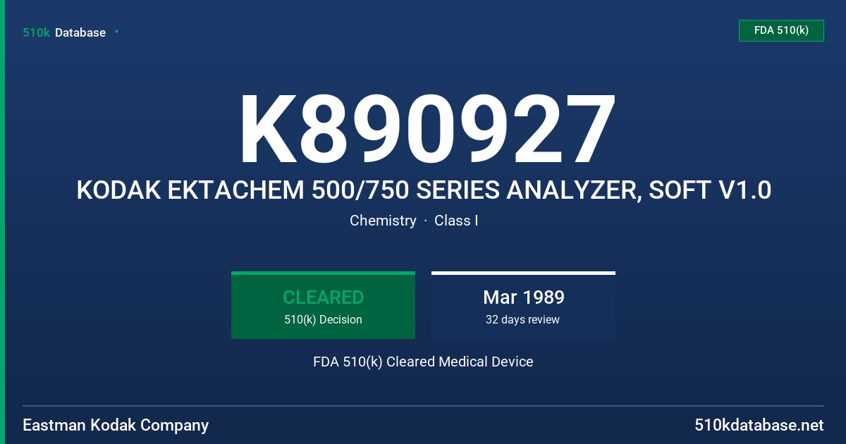 K890927 KODAK EKTACHEM 500/750 SERIES ANALYZER, SOFT V1.0 FDA 510(k) Cleared Medical Device