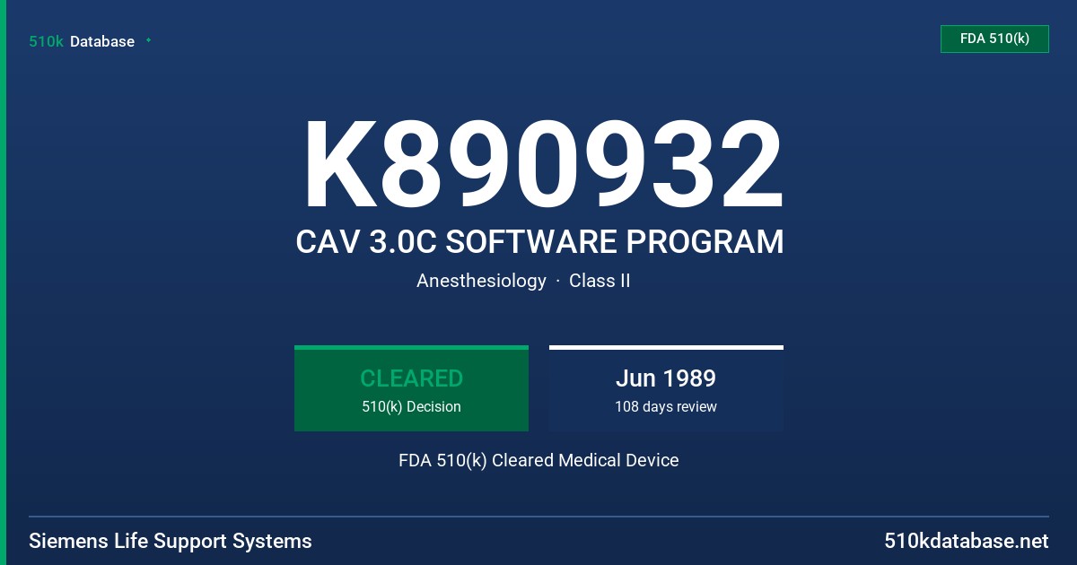 K890932 CAV 3.0C SOFTWARE PROGRAM FDA 510(k) Cleared Medical Device