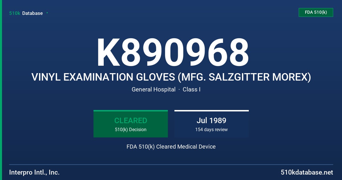 K890968 VINYL EXAMINATION GLOVES (MFG. SALZGITTER MOREX) FDA 510(k) Cleared Medical Device