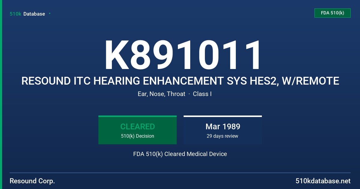 K891011 RESOUND ITC HEARING ENHANCEMENT SYS HES2, W/REMOTE FDA 510(k) Cleared Medical Device