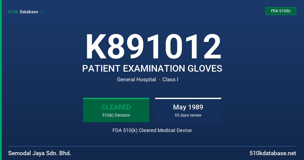 K891012 PATIENT EXAMINATION GLOVES FDA 510(k) Cleared Medical Device