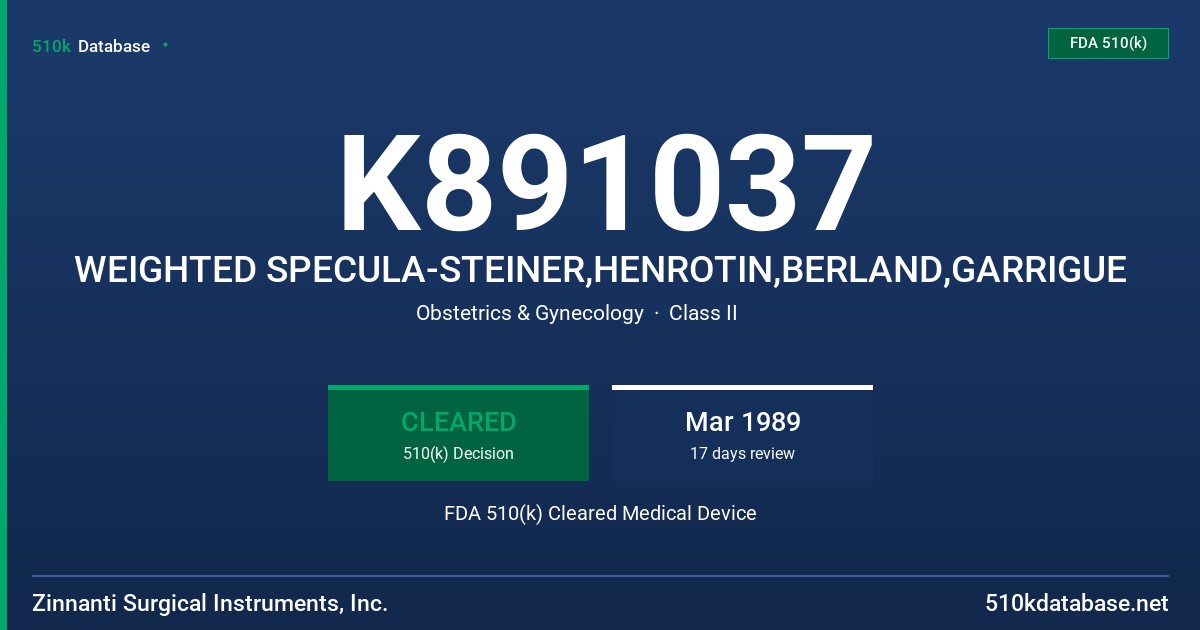 K891037 WEIGHTED SPECULA-STEINER,HENROTIN,BERLAND,GARRIGUE FDA 510(k) Cleared Medical Device