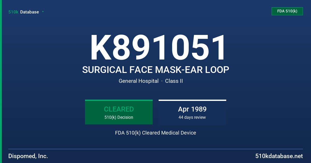 K891051 SURGICAL FACE MASK-EAR LOOP FDA 510(k) Cleared Medical Device