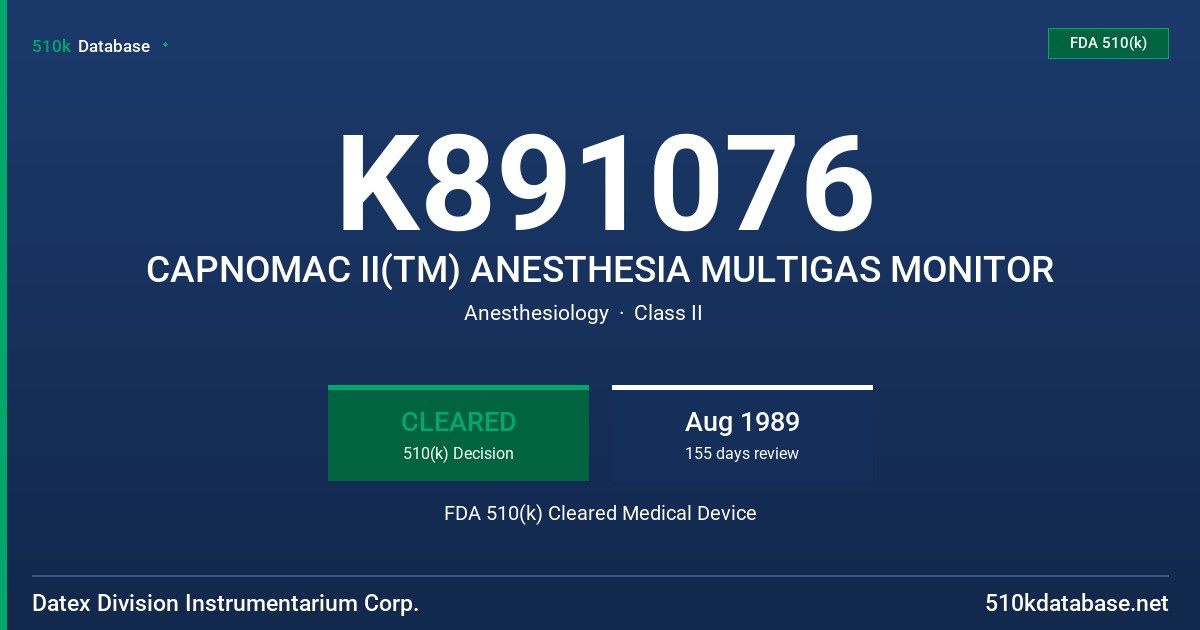 K891076 CAPNOMAC II(TM) ANESTHESIA MULTIGAS MONITOR FDA 510(k) Cleared Medical Device