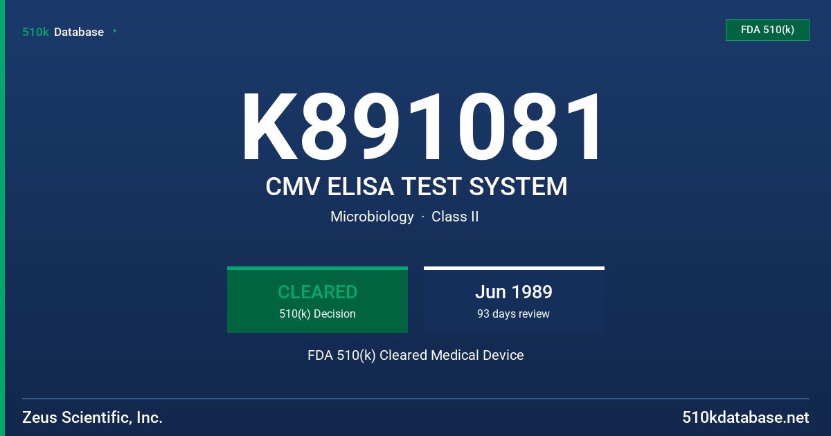 K891081 CMV ELISA TEST SYSTEM FDA 510(k) Cleared Medical Device