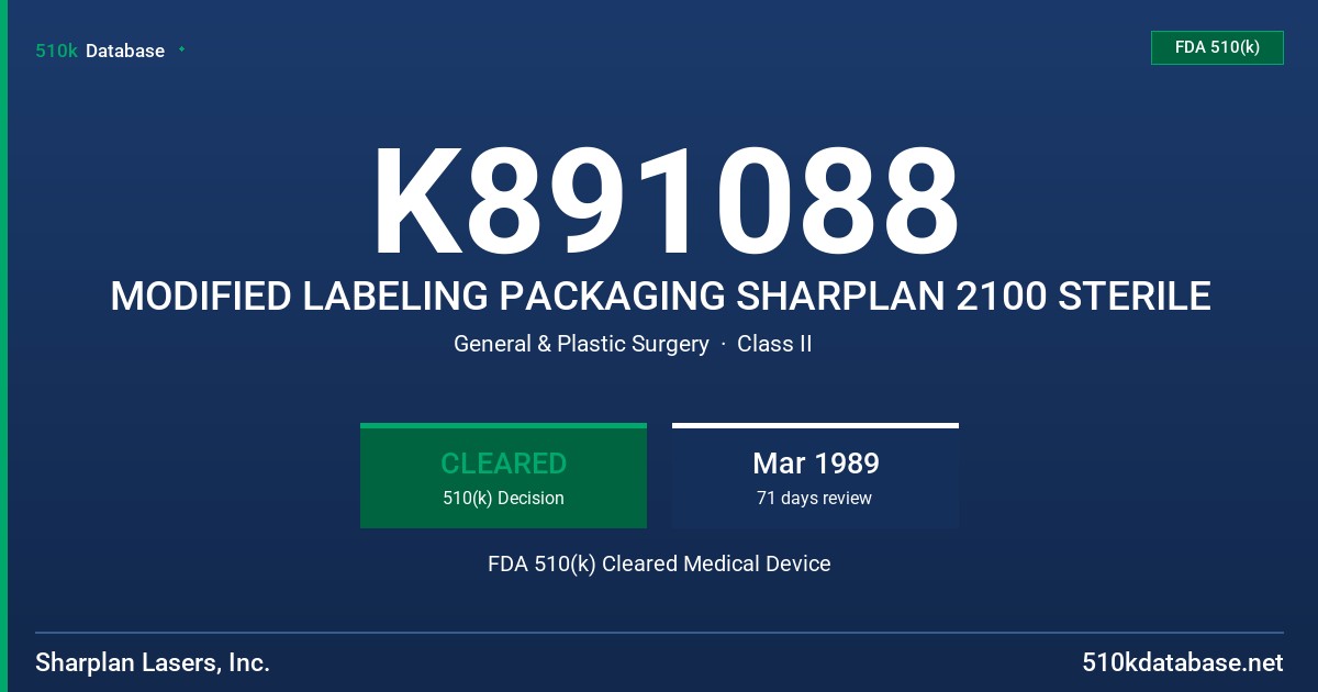 K891088 MODIFIED LABELING PACKAGING SHARPLAN 2100 STERILE FDA 510(k) Cleared Medical Device