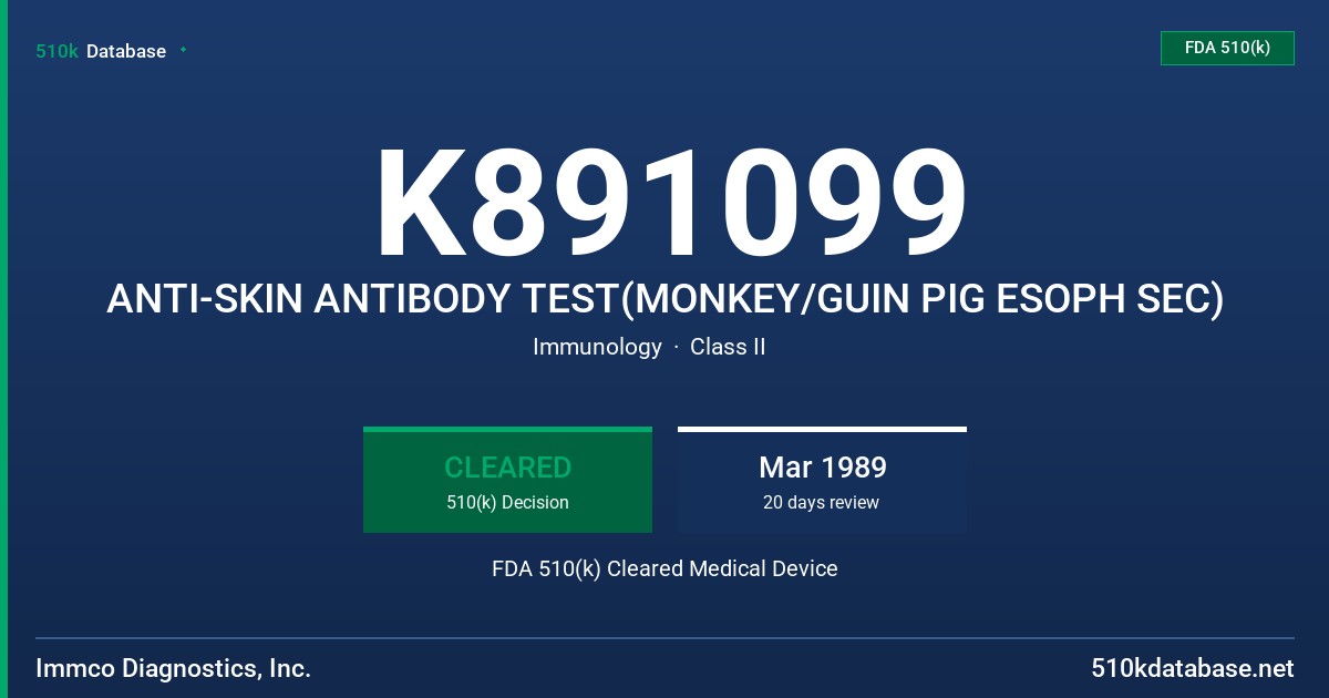 K891099 ANTI-SKIN ANTIBODY TEST(MONKEY/GUIN PIG ESOPH SEC) FDA 510(k) Cleared Medical Device
