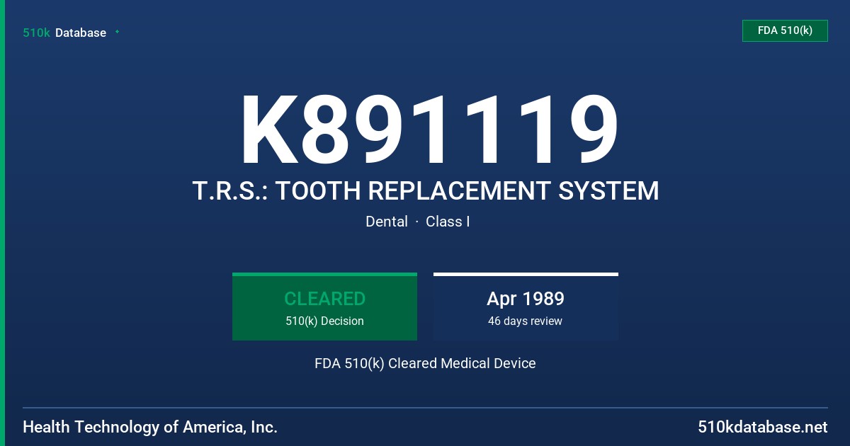 K891119 T.R.S.: TOOTH REPLACEMENT SYSTEM FDA 510(k) Cleared Medical Device