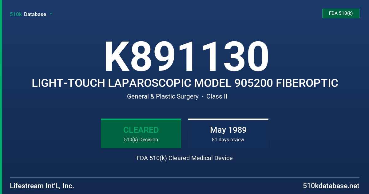 K891130 LIGHT-TOUCH LAPAROSCOPIC MODEL 905200 FIBEROPTIC FDA 510(k) Cleared Medical Device