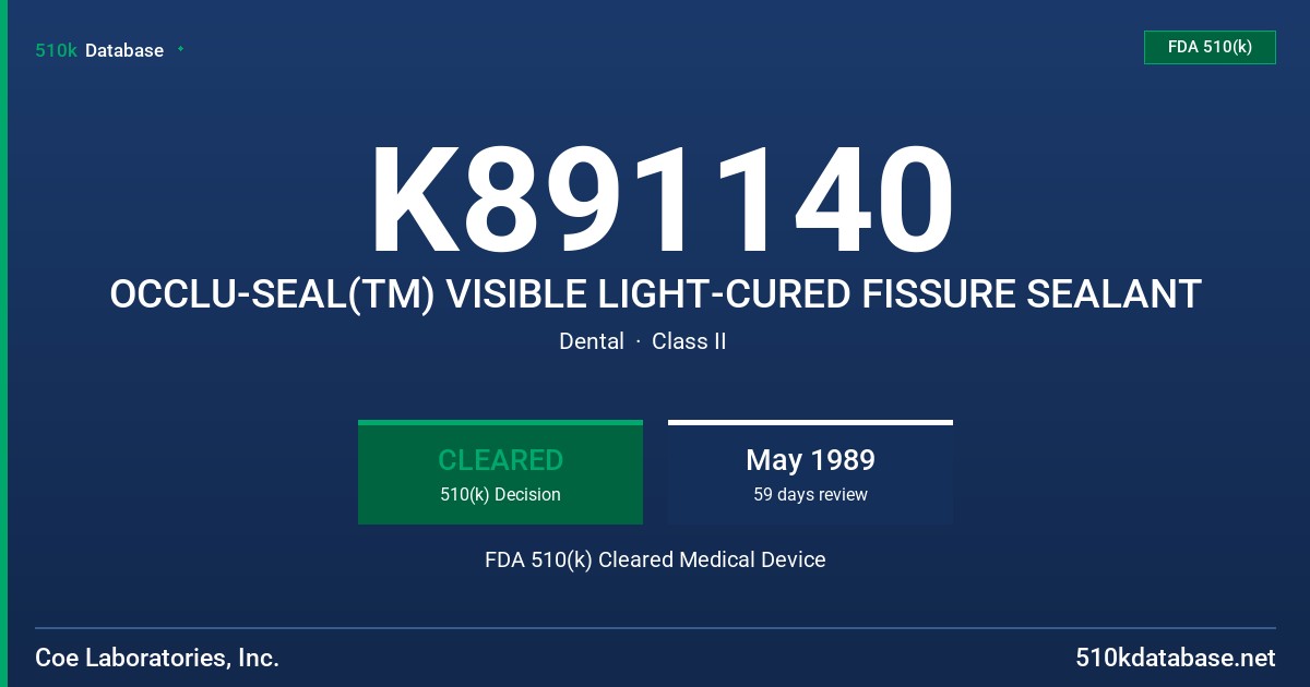 K891140 OCCLU-SEAL(TM) VISIBLE LIGHT-CURED FISSURE SEALANT FDA 510(k) Cleared Medical Device