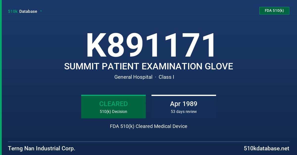 K891171 SUMMIT PATIENT EXAMINATION GLOVE FDA 510(k) Cleared Medical Device