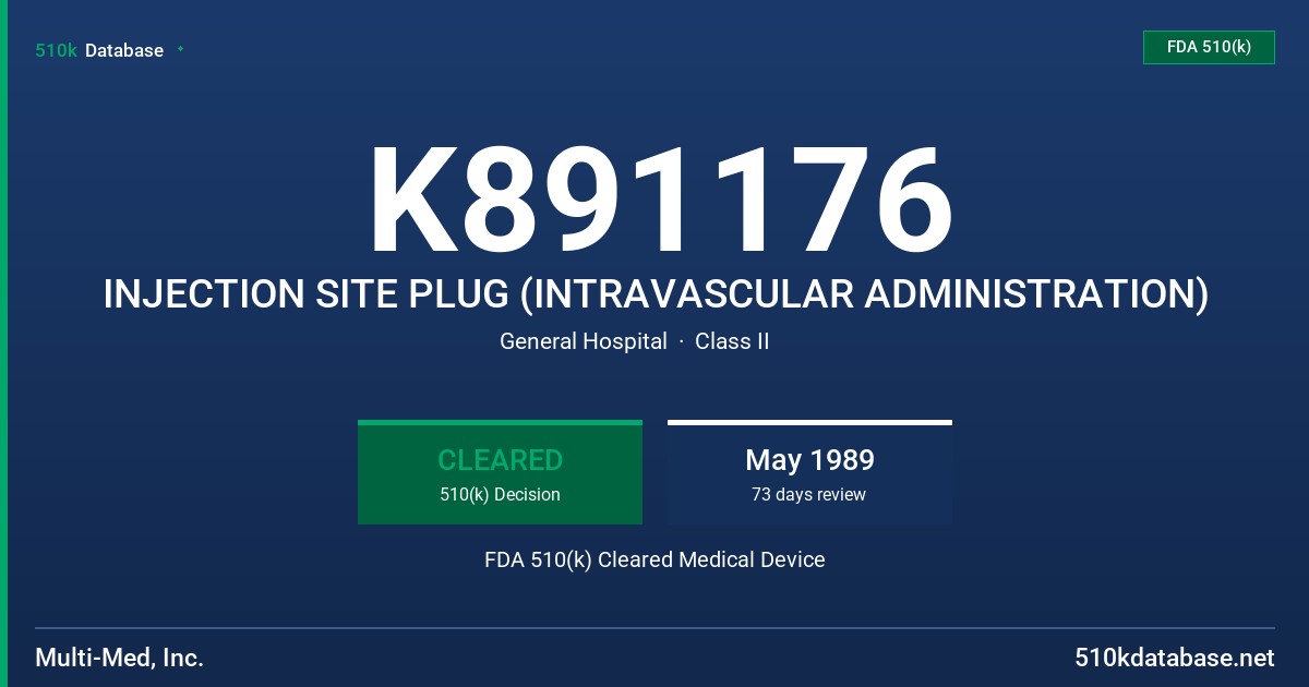 K891176 INJECTION SITE PLUG (INTRAVASCULAR ADMINISTRATION) FDA 510(k) Cleared Medical Device