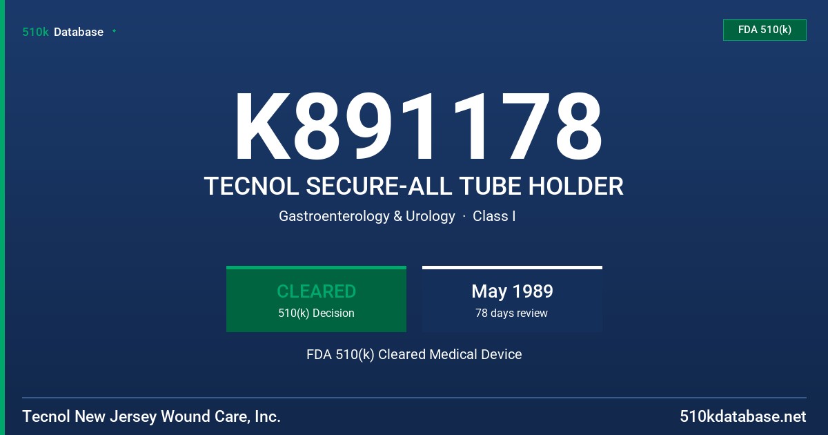 K891178 TECNOL SECURE-ALL TUBE HOLDER FDA 510(k) Cleared Medical Device