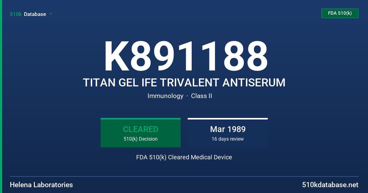 K891188 TITAN GEL IFE TRIVALENT ANTISERUM FDA 510(k) Cleared Medical Device