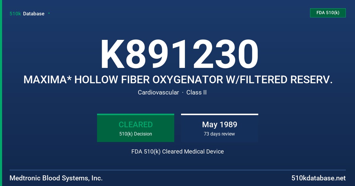 K891230 MAXIMA* HOLLOW FIBER OXYGENATOR W/FILTERED RESERV. FDA 510(k) Cleared Medical Device