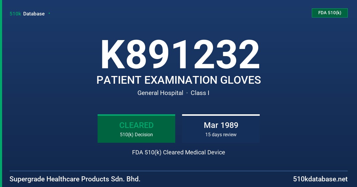 K891232 PATIENT EXAMINATION GLOVES FDA 510(k) Cleared Medical Device