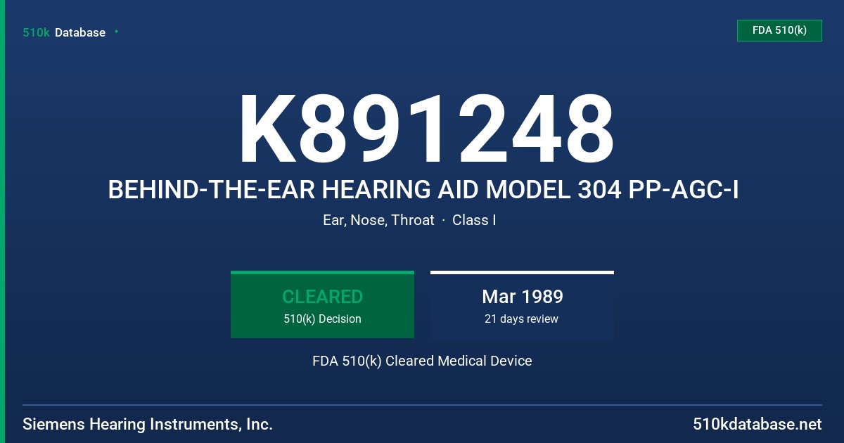 K891248 BEHIND-THE-EAR HEARING AID MODEL 304 PP-AGC-I FDA 510(k) Cleared Medical Device