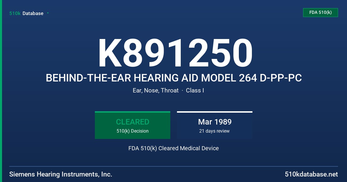 K891250 BEHIND-THE-EAR HEARING AID MODEL 264 D-PP-PC FDA 510(k) Cleared Medical Device